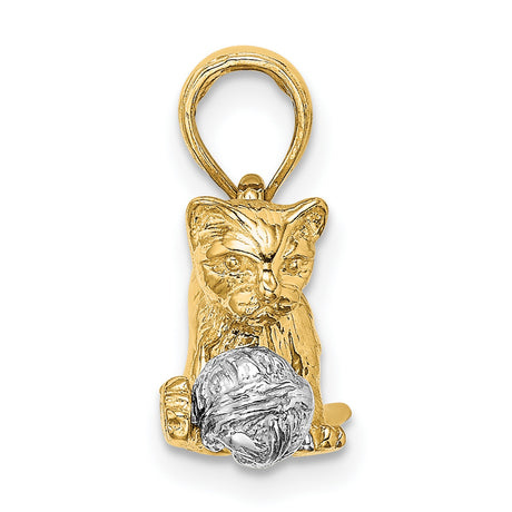 3-D Cat Playing with Moveable Ball Charm Pendant in Real 14k Multi-Tone Gold