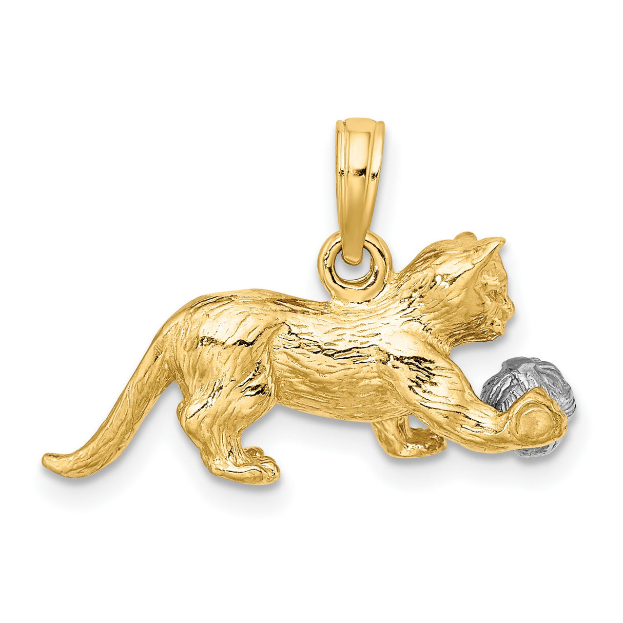 3-D Cat Playing with Moveable Ball Charm Pendant in Real 14k Multi-Tone Gold