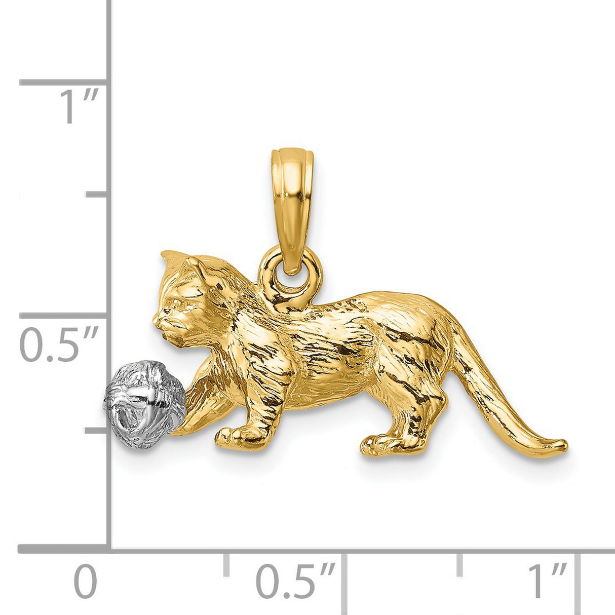 3-D Cat Playing with Moveable Ball Charm Pendant in Real 14k Multi-Tone Gold