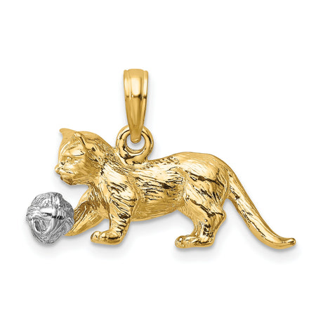 3-D Cat Playing with Moveable Ball Charm Pendant in Real 14k Multi-Tone Gold