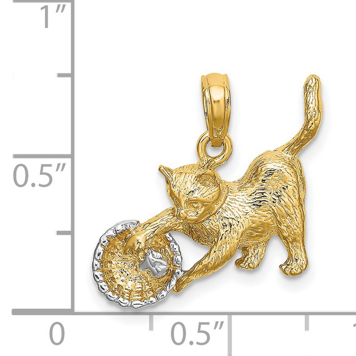 Cat Playing with Yarn in Basket Charm Pendant in Real 14k Multi-Tone Gold