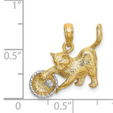 Cat Playing with Yarn in Basket Charm Pendant in Real 14k Multi-Tone Gold