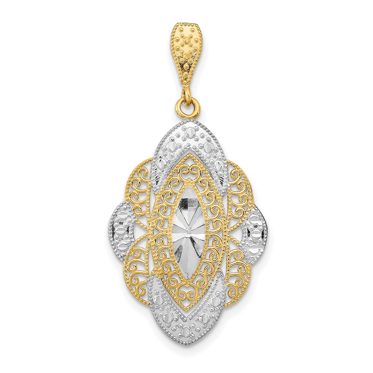 14k Multi-Tone Gold Pendant with Ornate Rhodium Accents, Filigree, Vintage Baroque Design