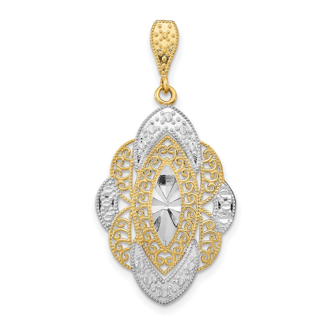 14k Multi-Tone Gold Pendant with Ornate Rhodium Accents, Filigree, Vintage Baroque Design