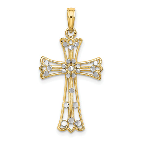 14k Two-Tone Gold Cross Pendant with Openwork Floral Design and Silver Accents