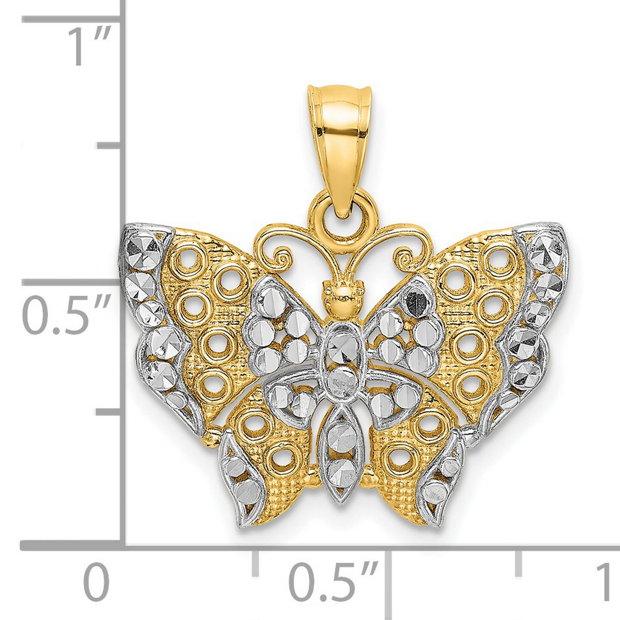 14k Multi-Tone Gold Butterfly Pendant with Cut-Out Wings and Diamond Cut Detailing for Women