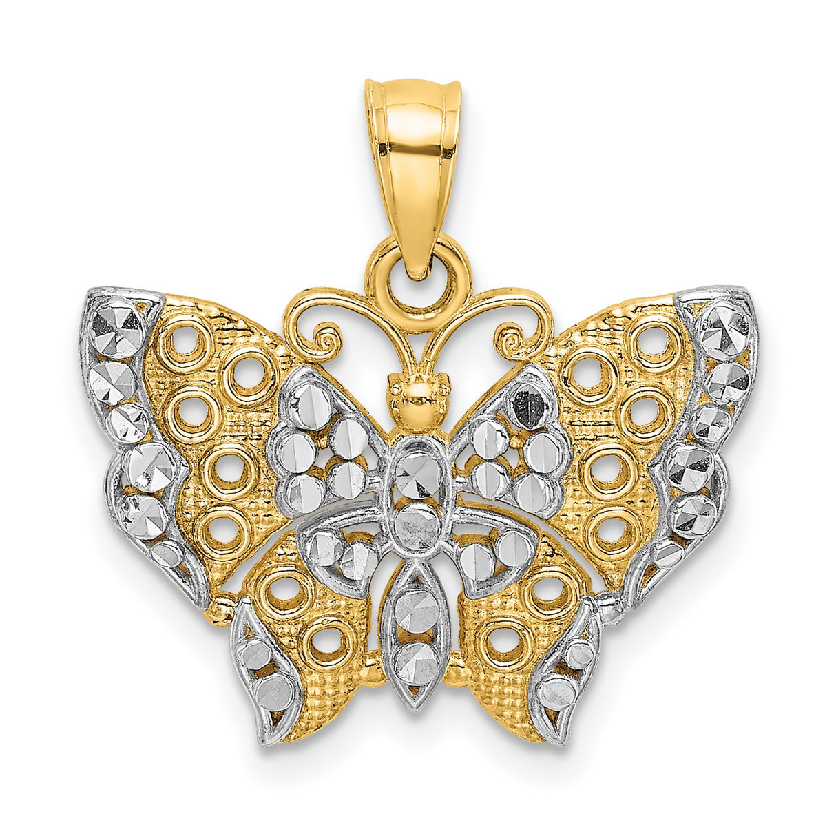 14k Multi-Tone Gold Butterfly Pendant with Cut-Out Wings and Diamond Cut Detailing for Women