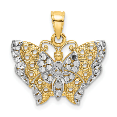 14k Multi-Tone Gold Butterfly Pendant with Cut-Out Wings and Diamond Cut Detailing for Women