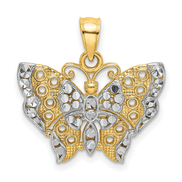 14k Multi-Tone Gold Butterfly Pendant with Cut-Out Wings and Diamond Cut Detailing for Women