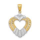14k Two-Tone Gold Heart Claddagh Pendant, Celtic Design with Textured Detailing for Women