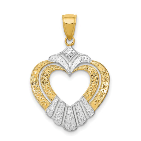 14k Two-Tone Gold Heart Claddagh Pendant, Celtic Design with Textured Detailing for Women