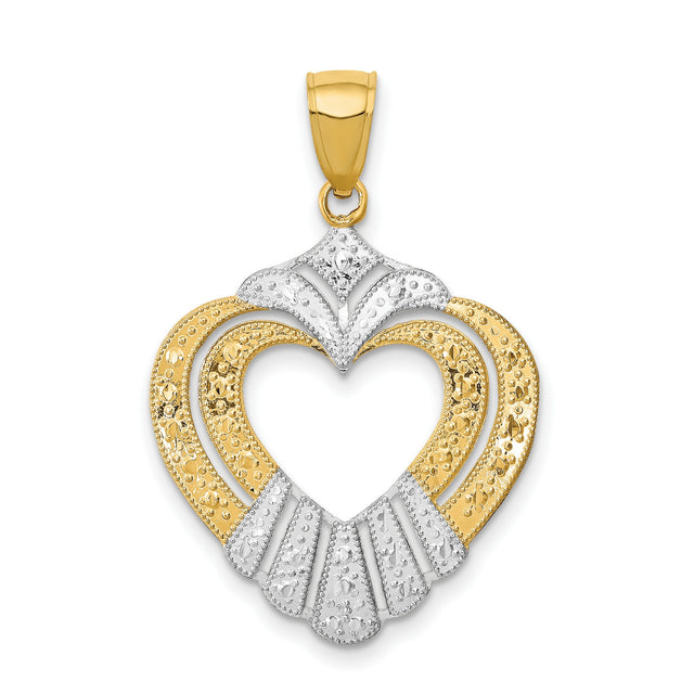 14k Two-Tone Gold Heart Claddagh Pendant, Celtic Design with Textured Detailing for Women