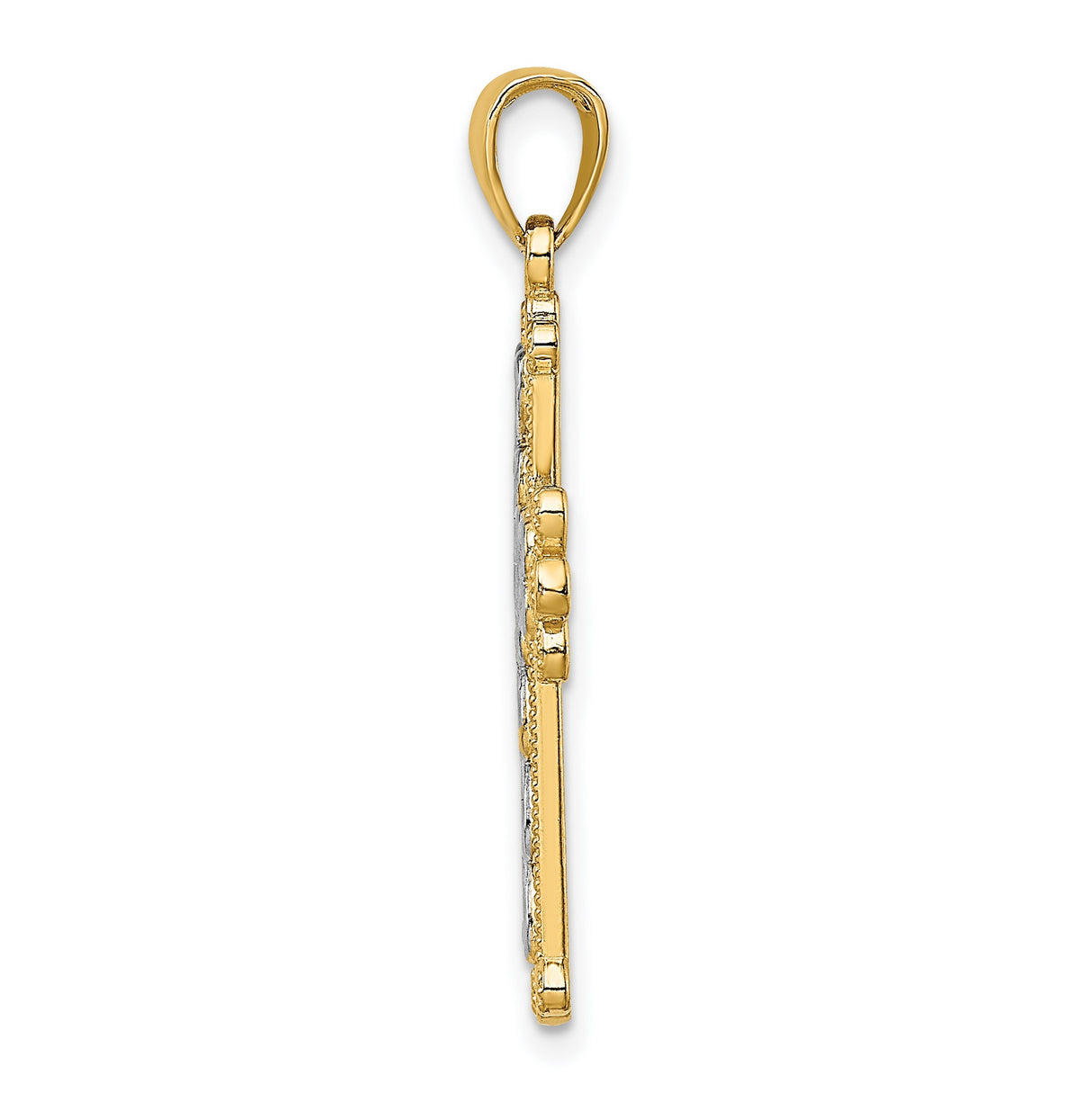 Polished and Textured Beaded Cross Charm Pendant in Real 14k Multi-Tone Gold