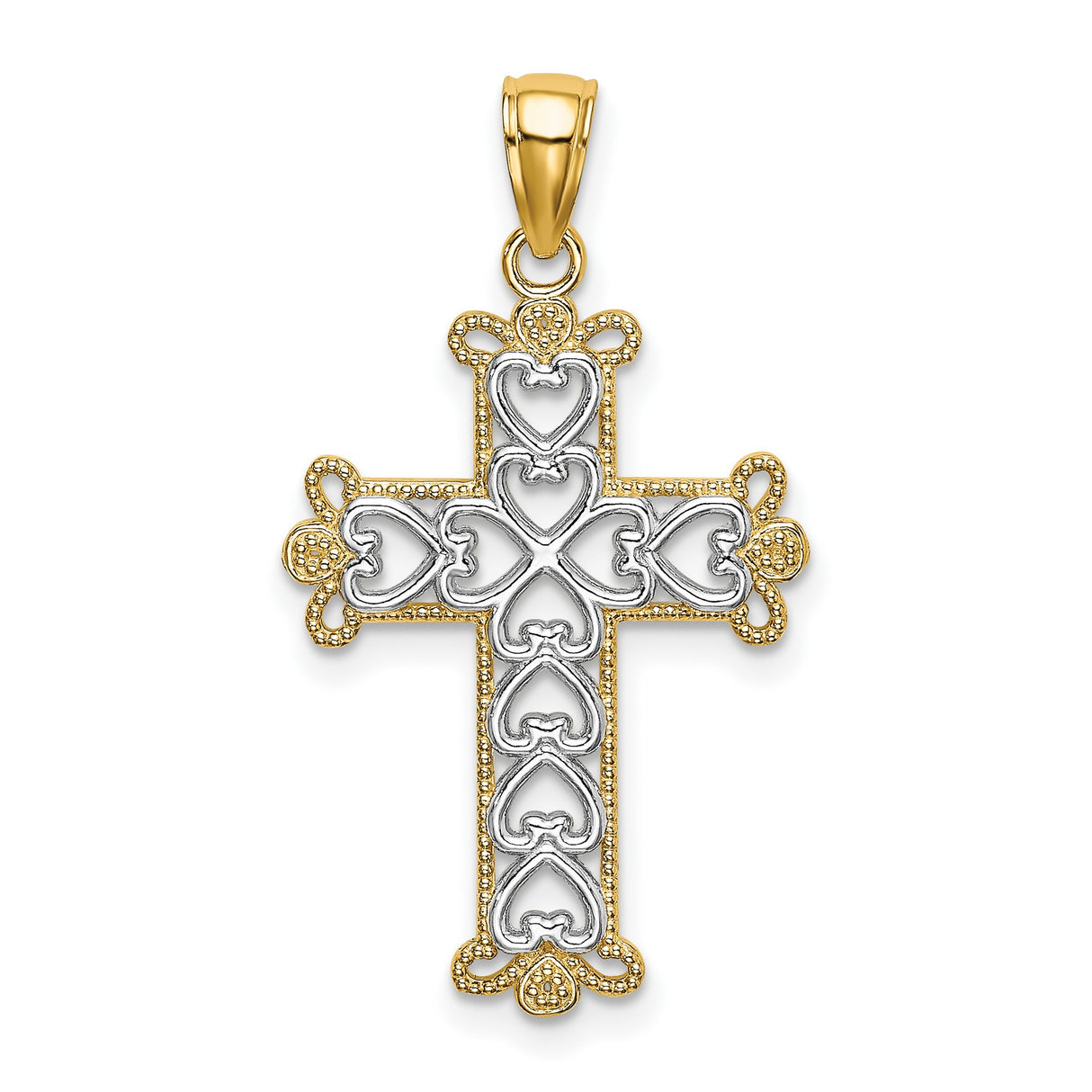 Polished and Textured Beaded Cross Charm Pendant in Real 14k Multi-Tone Gold