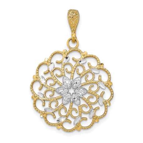 14k Multi-Tone Gold Floral Filigree Pendant, Two-Tone Openwork Design for Women