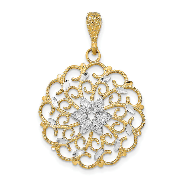 14k Multi-Tone Gold Floral Filigree Pendant, Two-Tone Openwork Design for Women
