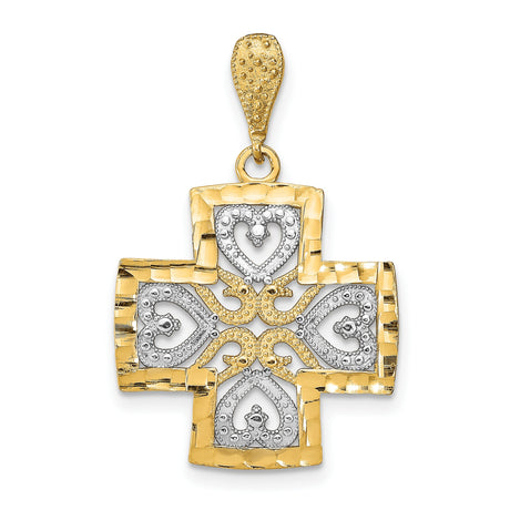 14k Yellow and White Gold Cross Pendant with Heart Inlay and Vintage Scrollwork Design