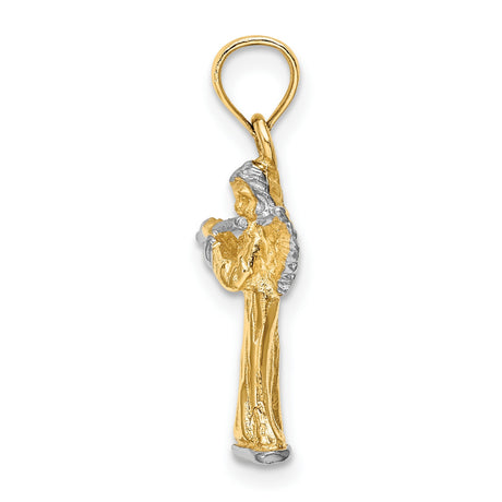 3-D Angel Playing Flute Charm Pendant in Real 14k Multi-Tone Gold