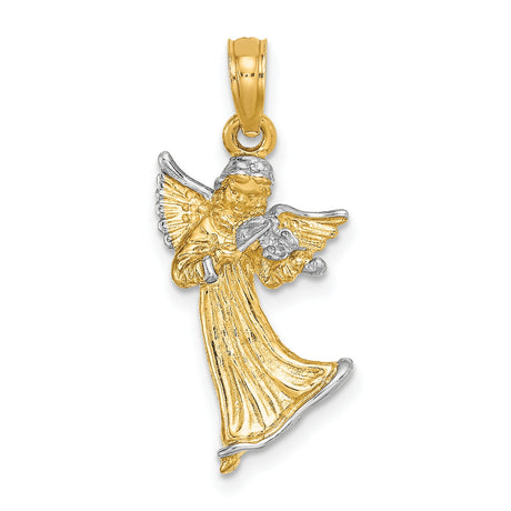 3-D Angel Playing Violin Charm Pendant in Real 14k Multi-Tone Gold