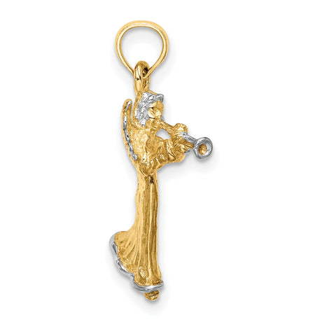 3-D Angel Playing Trumpet Charm Pendant in Real 14k Multi-Tone Gold