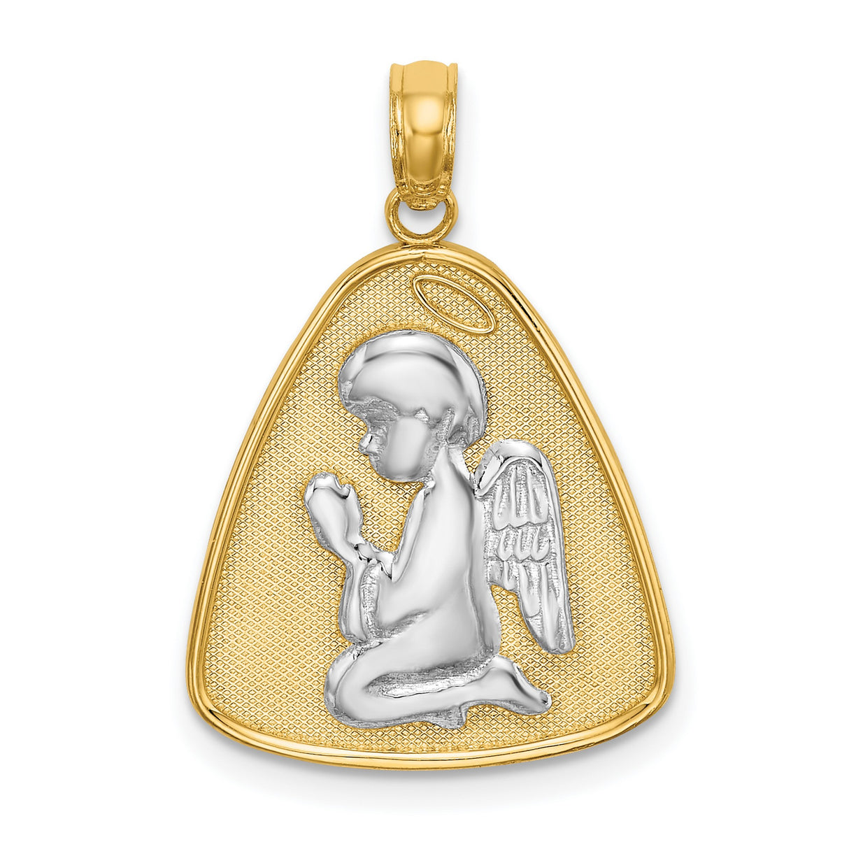 Angel Praying with Halo Triangle Disc Charm Pendant in Real 14k Multi-Tone Gold