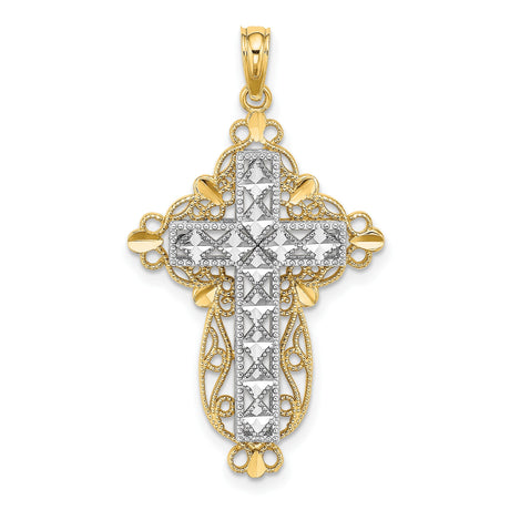 14k Two-Tone Gold Cross Pendant with Raised Pattern and Openwork Filigree Design