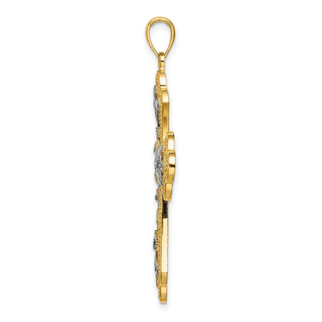 14k Two-Tone Gold Cross Pendant with Beaded Border and Floral Leaf Design