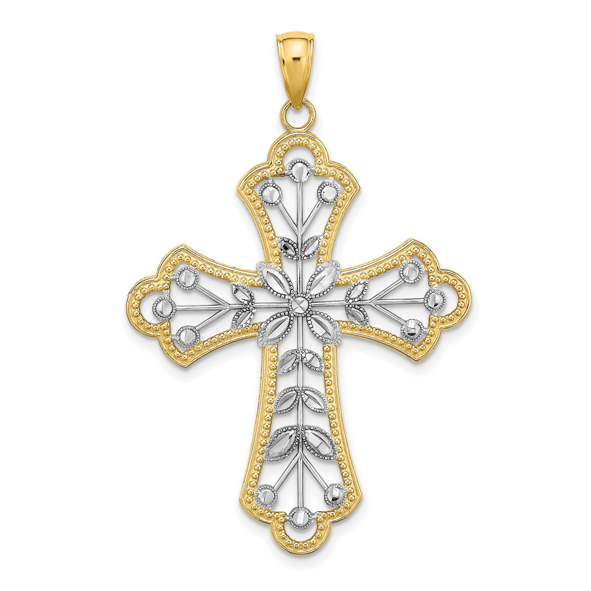 Leaves Beaded Cross Charm Pendant in Real 14k Multi-Tone Gold