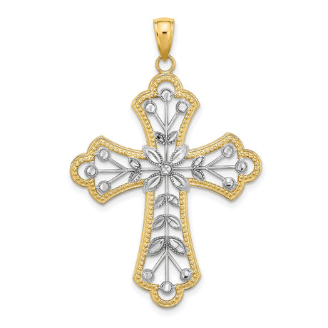 14k Two-Tone Gold Cross Pendant with Beaded Border and Floral Leaf Design