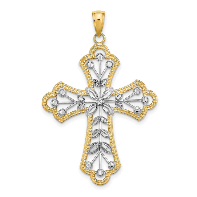Leaves Beaded Cross Charm Pendant in Real 14k Multi-Tone Gold