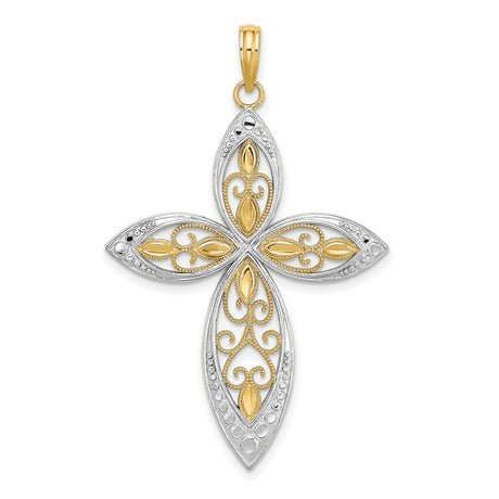 14k Two-Tone Gold Cross Pendant with Filigree Detailing and Beaded Edge