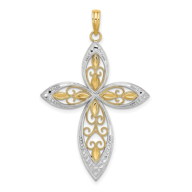 Beaded Filigree Cross Charm Pendant in Real 14k Multi-Tone Gold
