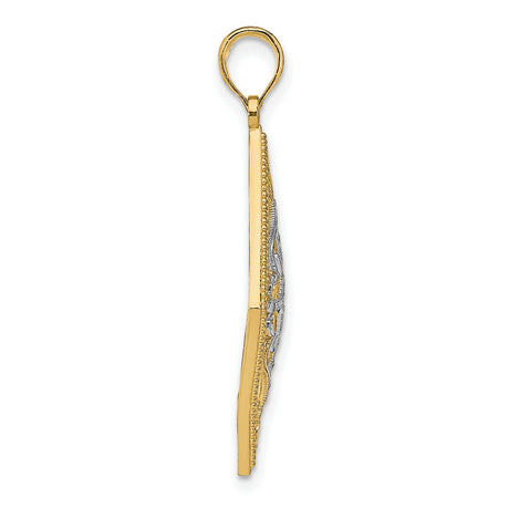 14k Two-Tone Gold Pendant, Diamond-Shaped Filigree with Openwork Scroll Design, Vintage Style