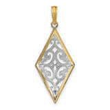 14k Two-Tone Gold Pendant, Diamond-Shaped Filigree with Openwork Scroll Design, Vintage Style