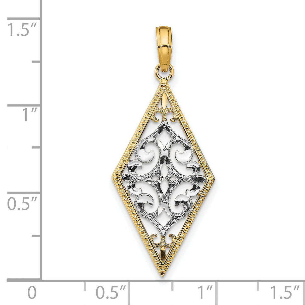14k Two-Tone Gold Pendant, Diamond-Shaped Filigree with Openwork Scroll Design, Vintage Style