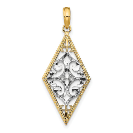 14k Two-Tone Gold Pendant, Diamond-Shaped Filigree with Openwork Scroll Design, Vintage Style