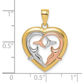 14k Two-Tone Gold Dolphin Heart Pendant, Intertwined Rose and White Gold Design
