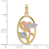 14k Two-Tone Gold Pendant with Rose Gold Hummingbird and White Gold Leaves in Oval Frame
