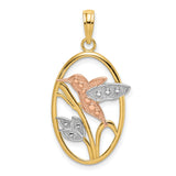 14k Two-Tone Gold Pendant with Rose Gold Hummingbird and White Gold Leaves in Oval Frame