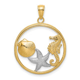 14k Two-Tone Gold Round Pendant with Seahorse, Starfish, and Seashell Ocean Theme