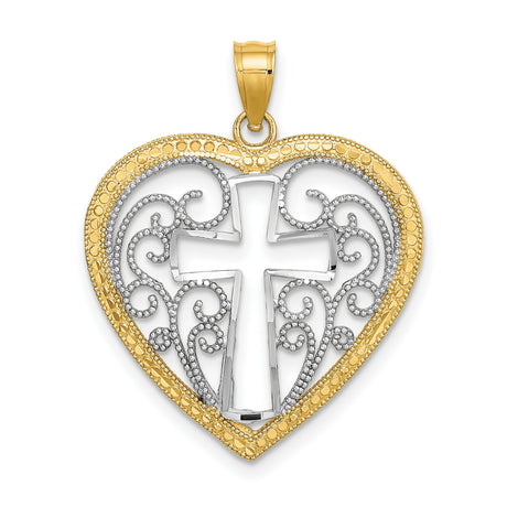 Cut-Out and Beaded Filigree Heart Cross Charm Pendant in Real 14k Multi-Tone Gold