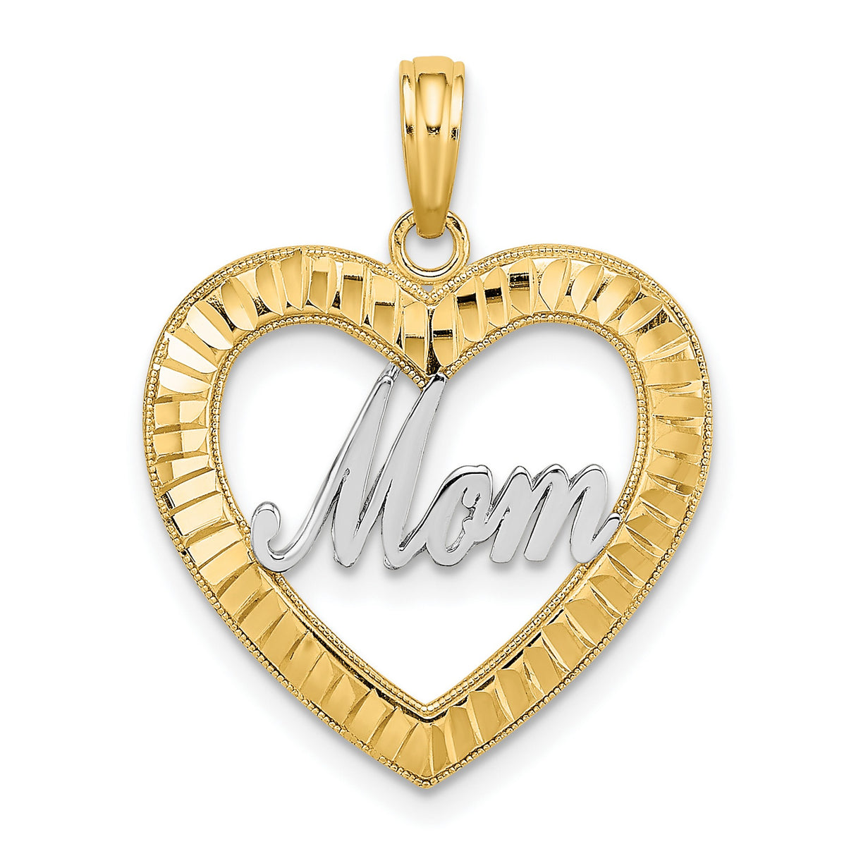 14k Multi-Tone Gold Heart Mom Pendant with Script Design for Women