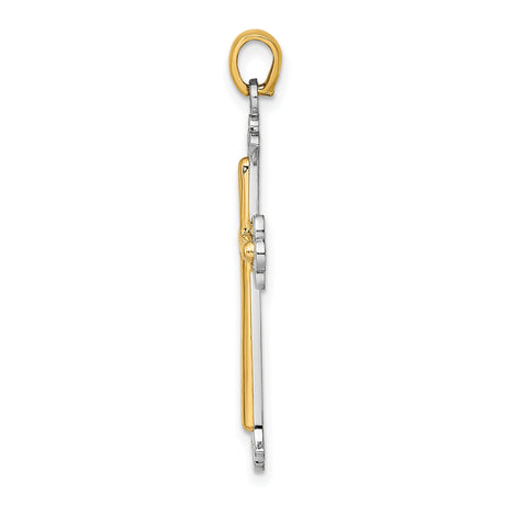 14k Multi-Tone Gold Cross Pendant with Silver Border, Fleur Accents, Spiritual Design