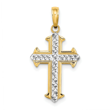14k Two-Tone Gold Cross Pendant with Textured Finish, Religious Charm for Men and Women
