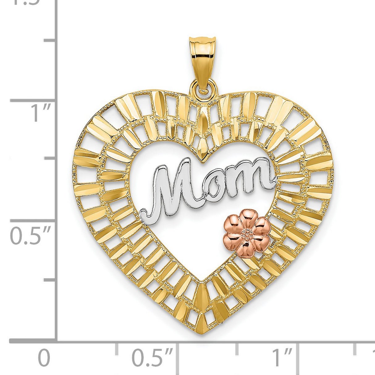 14k Two-Tone Gold Heart Pendant with Diamond-Cut Openwork, Mom Inscription, Rose Gold Flower