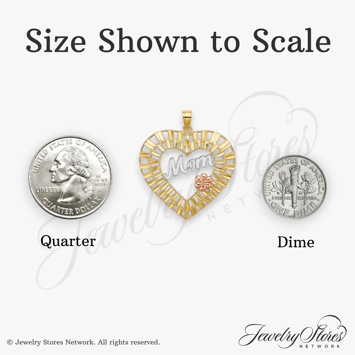 14k Two-Tone Gold Heart Pendant with Diamond-Cut Openwork, Mom Inscription, Rose Gold Flower