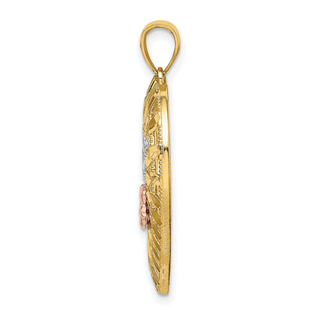 14k Multi-Tone Gold Heart Pendant with Nana in White Gold and Rose Gold Flower Accent