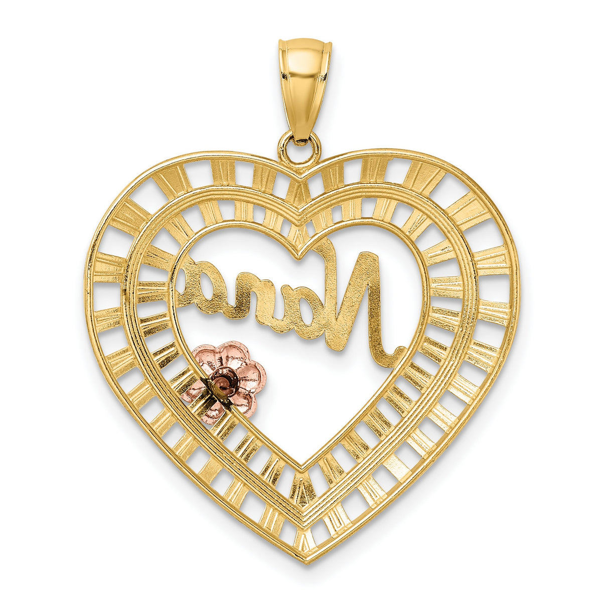 14k Multi-Tone Gold Heart Pendant with Nana in White Gold and Rose Gold Flower Accent