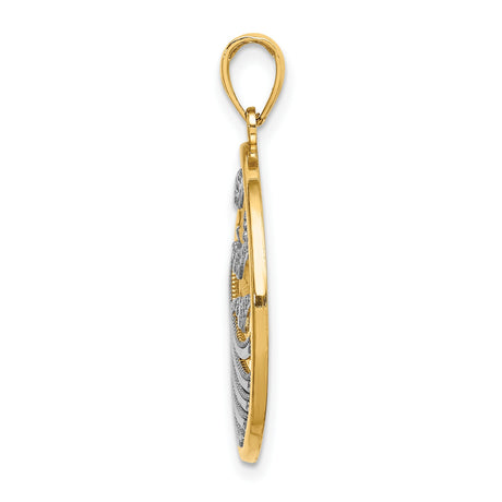 14k Multi-Tone Gold Round Pendant with Ocean Scene, Sunrise, Waves and Birds Motif for Women