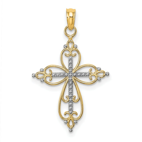 14k Multi-Tone Gold Cross Pendant with Ornate Filigree Detail, Vintage Religious Style